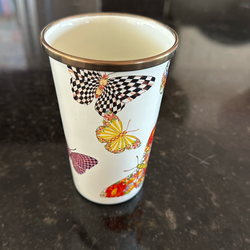 Mackenzie Childs Butterfly Garden Enamel Tumbler cup perfect condition